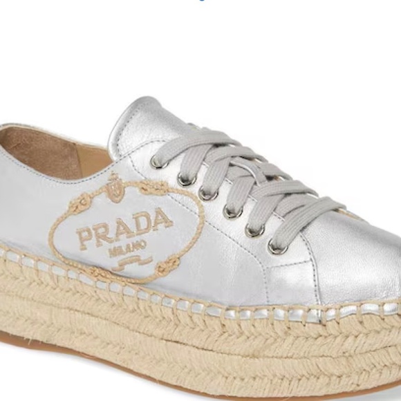 Pristine Condition Prada Metallic Silver Flatform Espadrille Sneakers $950 - Picture 1 of 6